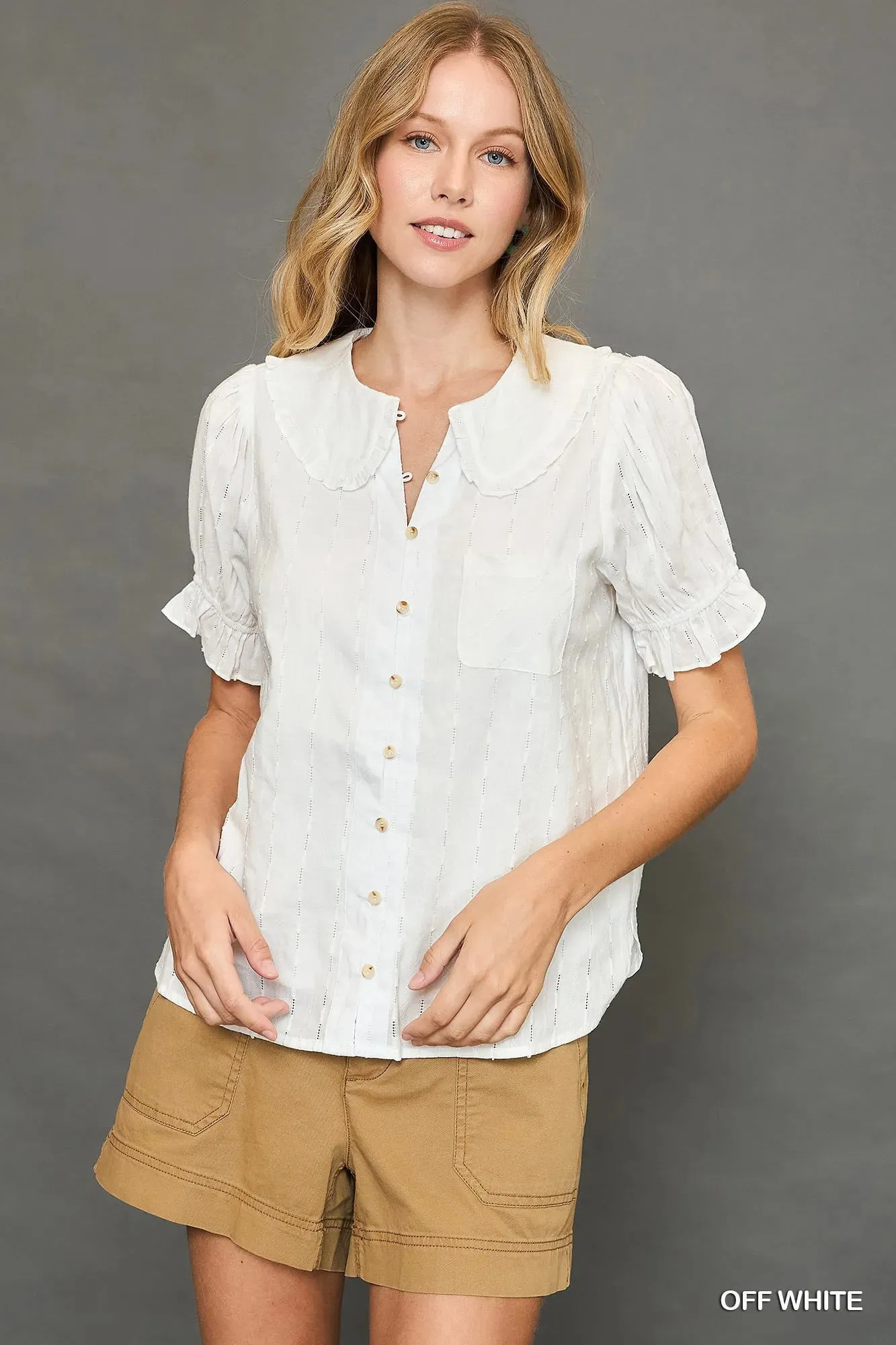 Umgee Peter Pan Collared Button Down Textured Shirt with Ruffled Detail sold by Charming Charlie