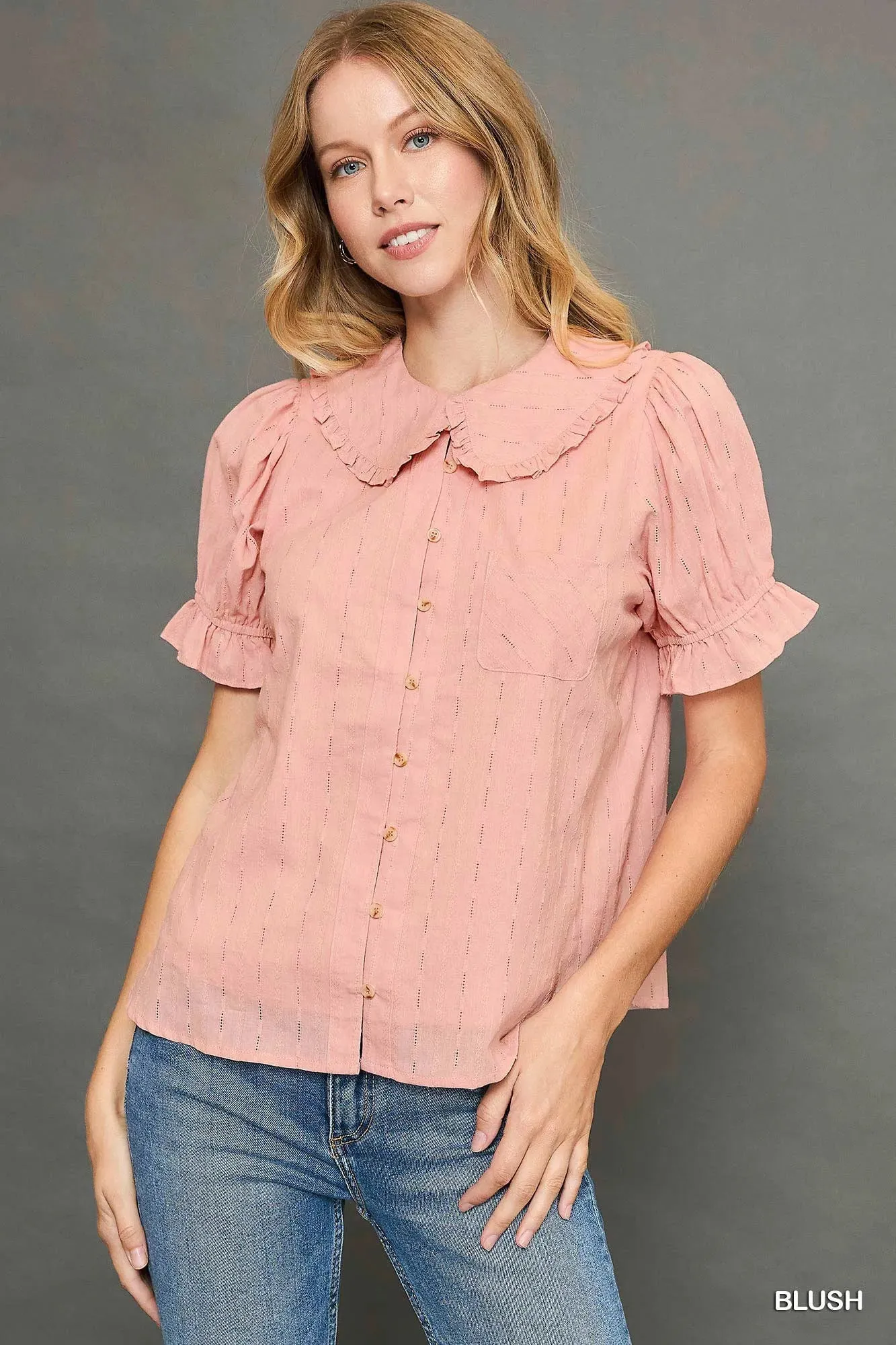 Peter Pan Collared Button Down Textured Shirt with Ruffled Detail sold by Charming Charlie