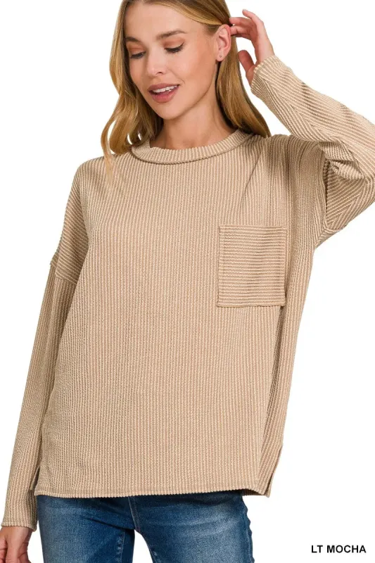 Zenana Long Sleeve Drop Shoulder Rib Top sold by Charming Charlie