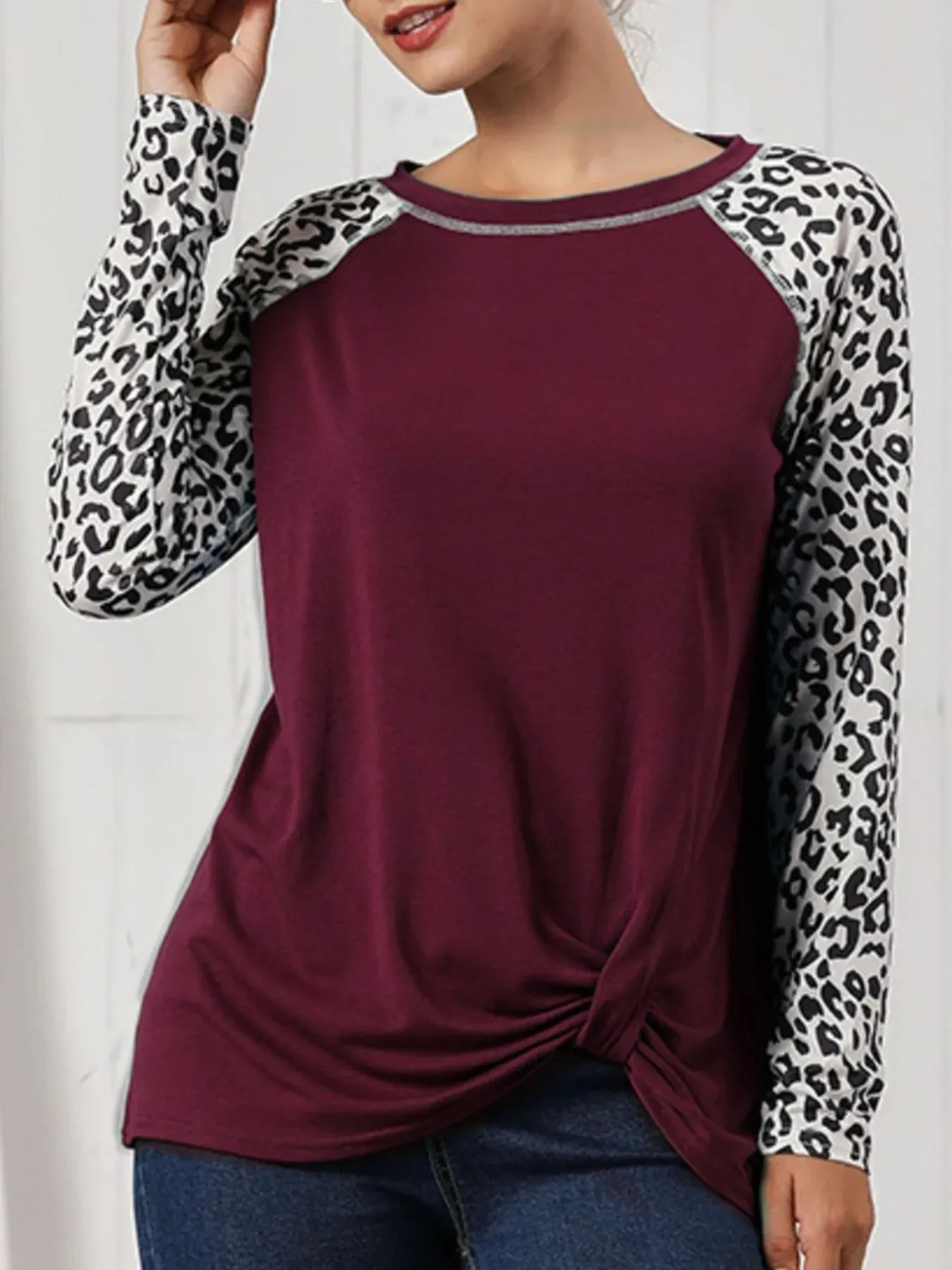 Leopard Print Raglan Sleeve Twist Hem T-Shirt sold by Charming Charlie product image thumbnail 5