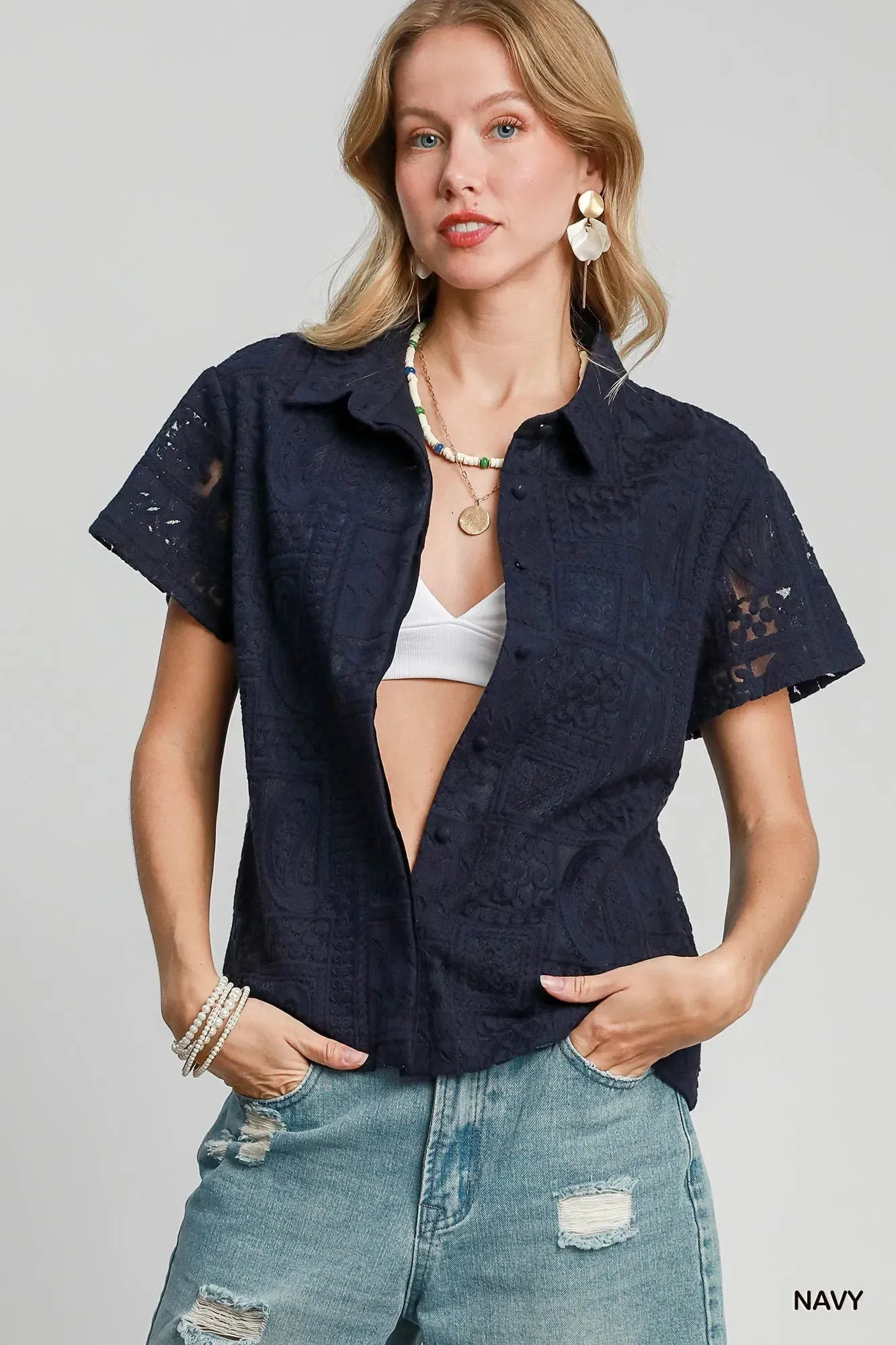 Umgee Patch Lace Short Sleeve Button Down Shirt sold by Charming Charlie