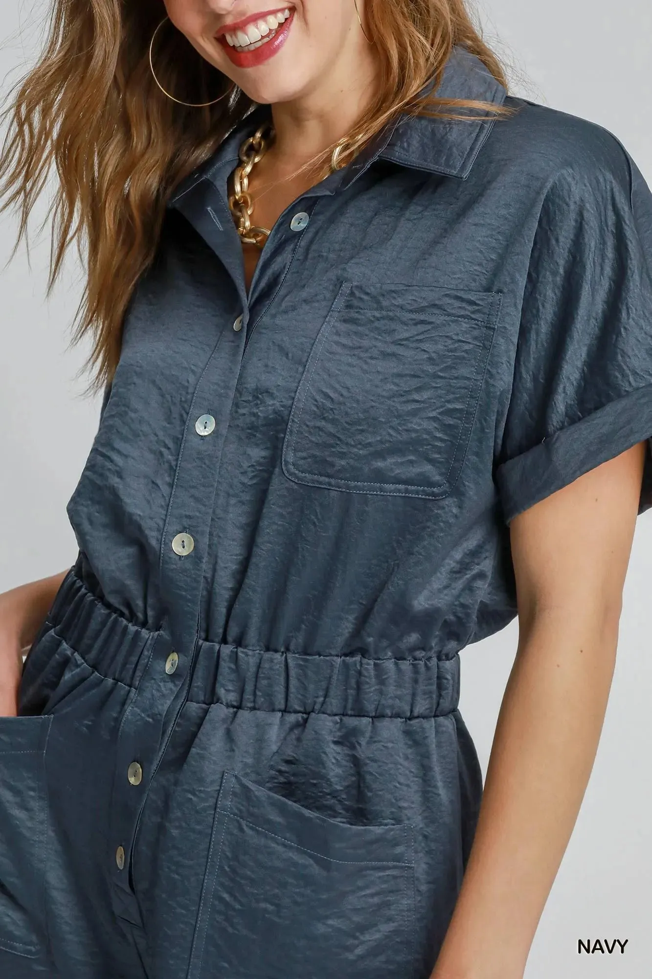 Umgee Button Down Charmeuse Romper sold by Charming Charlie product image thumbnail 5