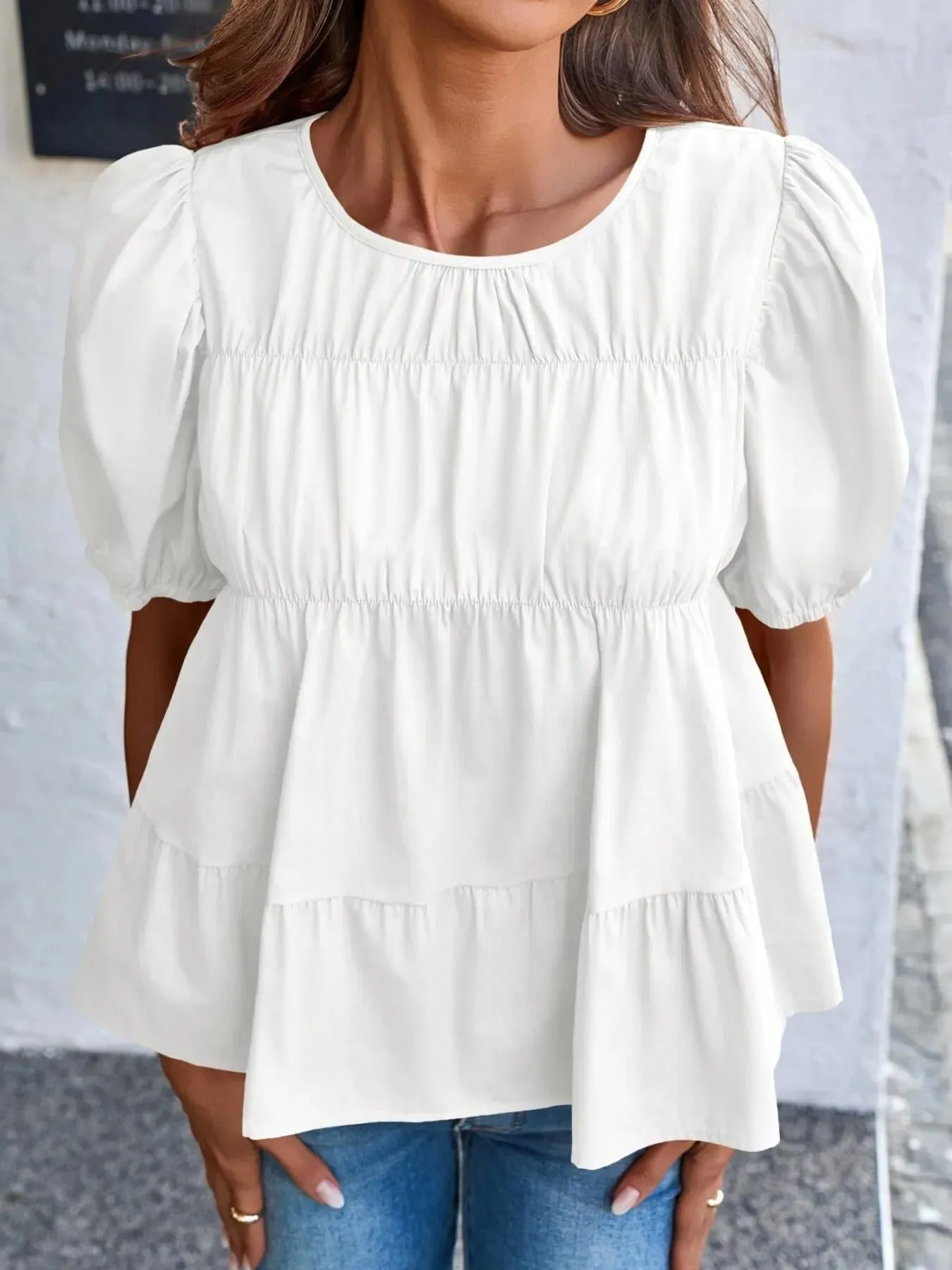 Tiered Round Neck Puff Sleeve Ruched Blouse sold by Charming Charlie product image thumbnail 3