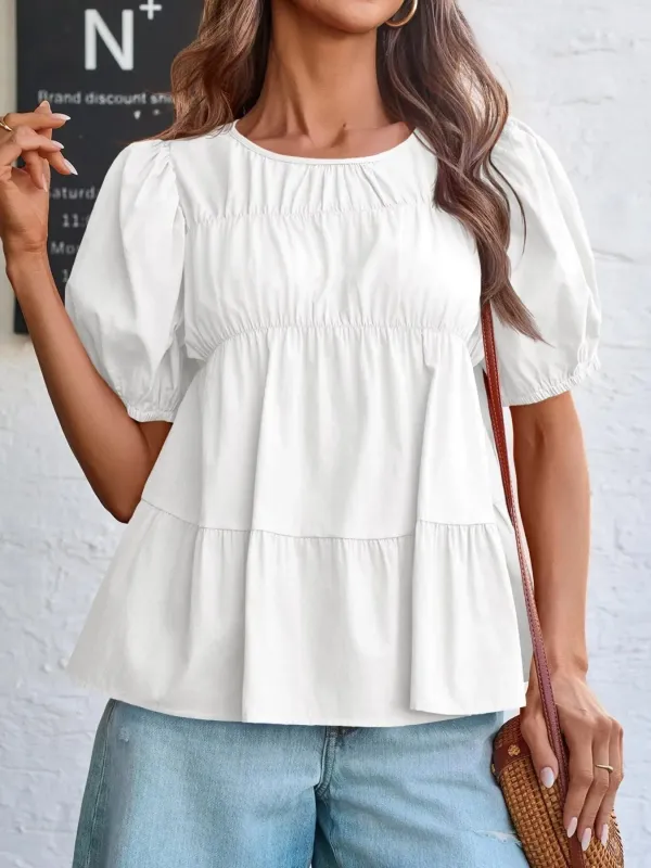 Tiered Round Neck Puff Sleeve Ruched Blouse sold by Charming Charlie