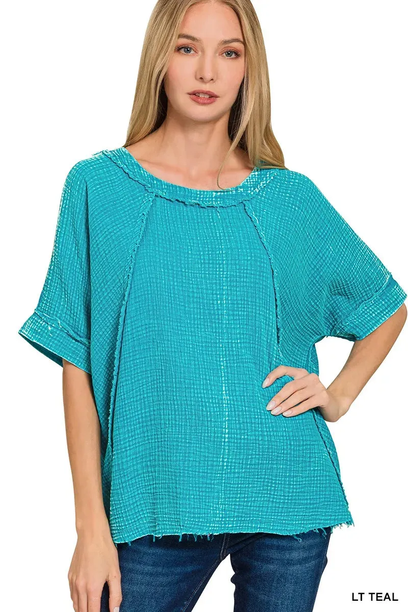 Zenana Washed Double Gauze Exposed Seam Short Sleeve Top sold by Charming Charlie