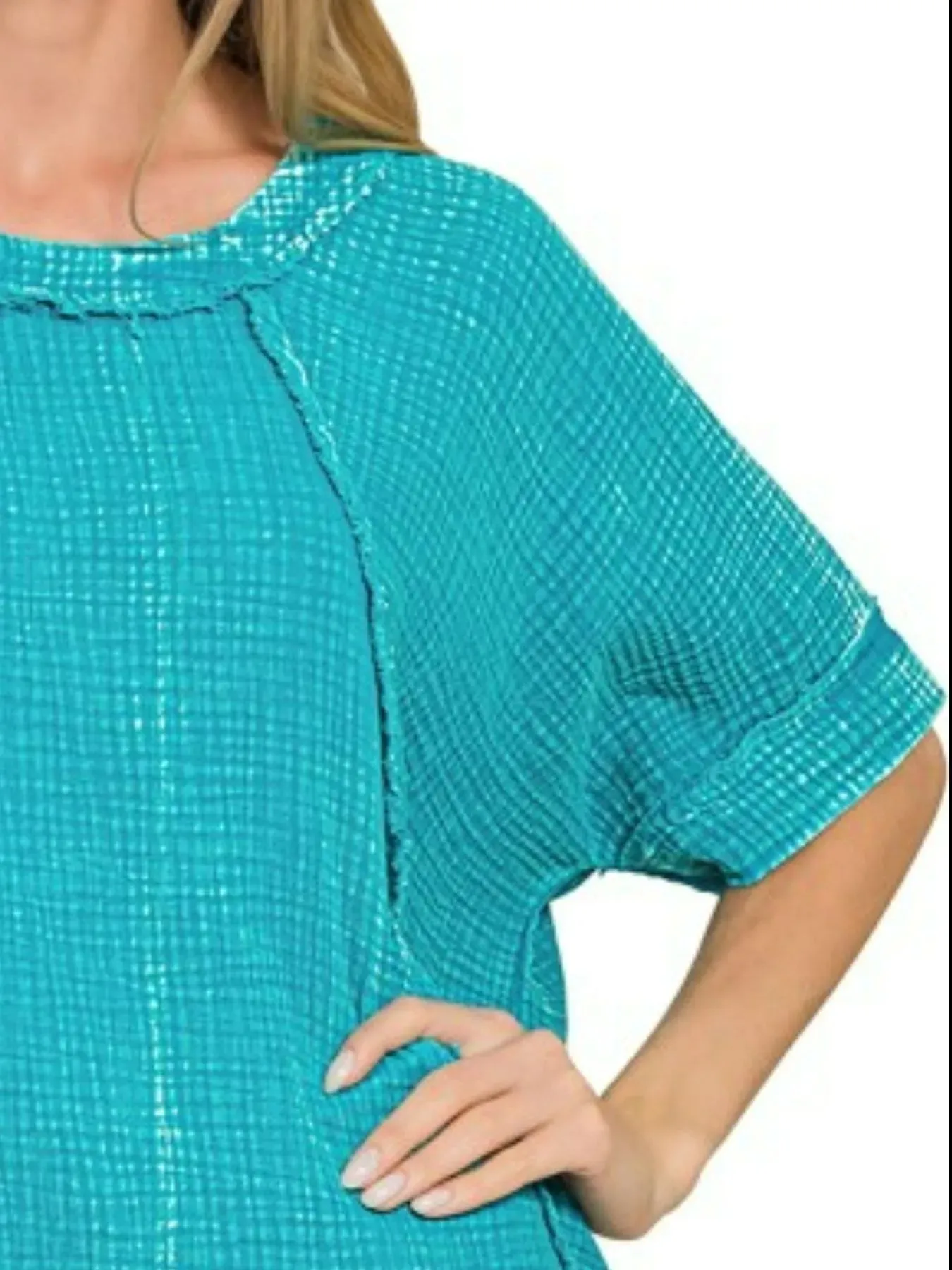 Zenana Washed Double Gauze Exposed Seam Short Sleeve Top sold by Charming Charlie product image thumbnail 2