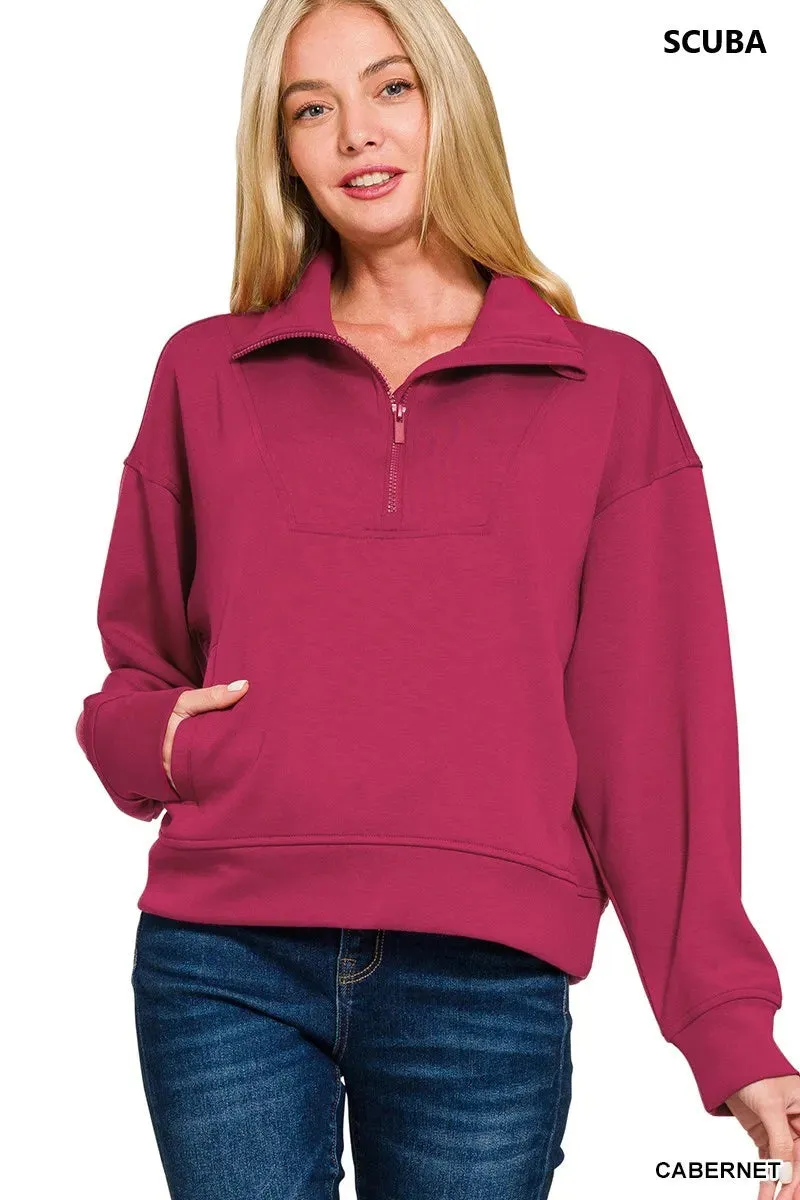 Zenana Scuba Half Zip Sweatshirt with Pockets sold by Charming Charlie