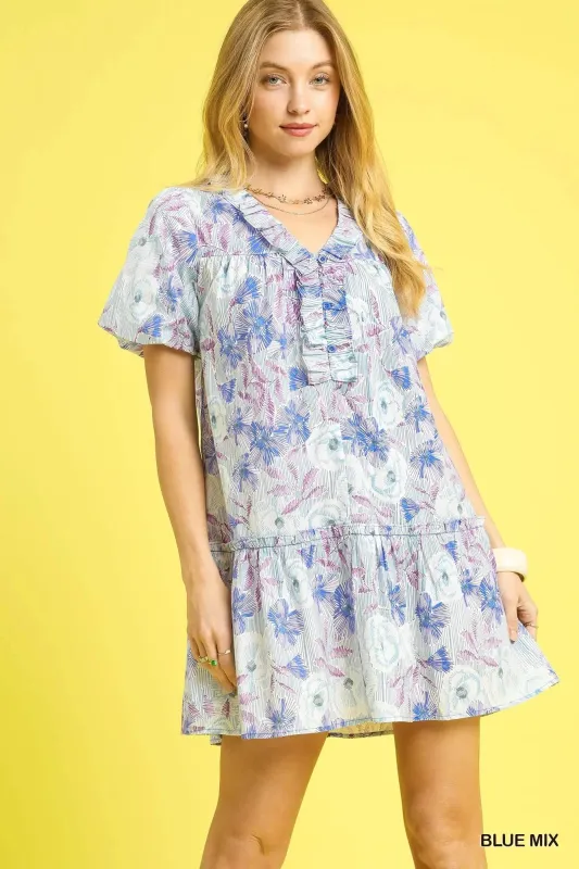 Umgee Floral Ruffled Puff Sleeve Mini Dress made by Trendsi