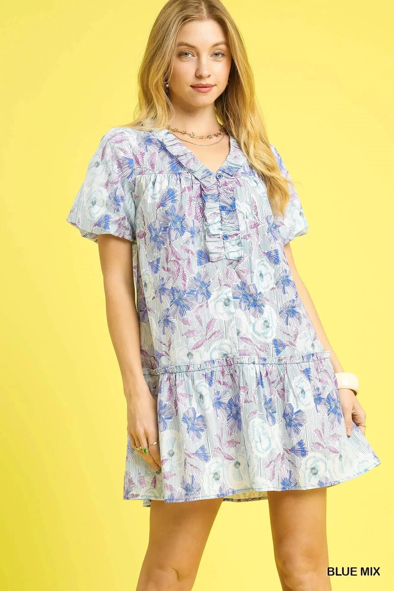 Umgee Floral Ruffled Puff Sleeve Mini Dress sold by Charming Charlie