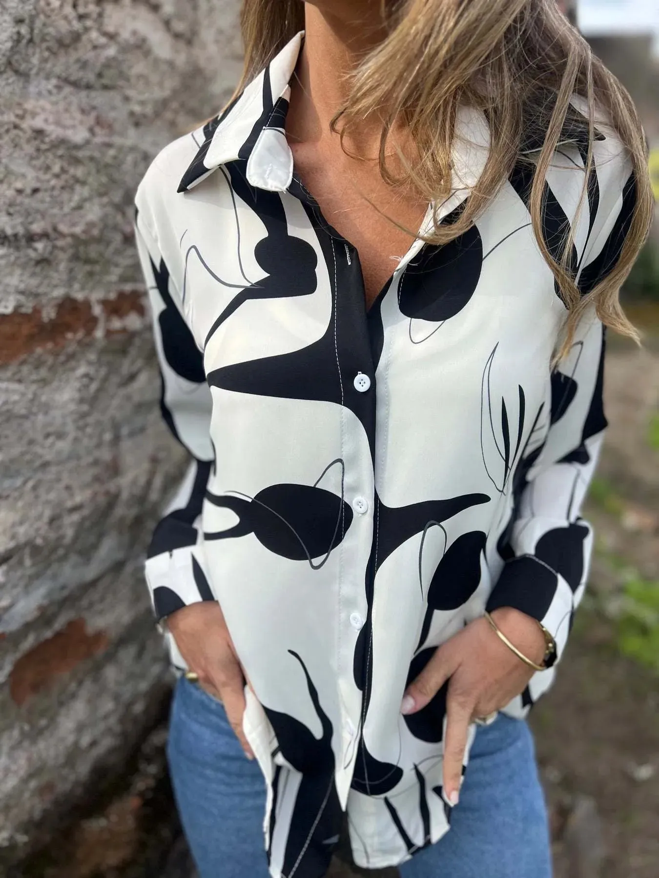Full Size Abstract Print Long Sleeve Button-Up Shirt Plus Size sold by Charming Charlie