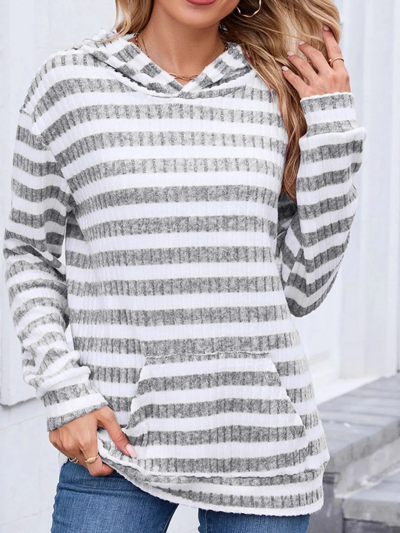 Striped Ribbed Knit Hoodie with Kangaroo Pocket sold by Charming Charlie product image thumbnail 4