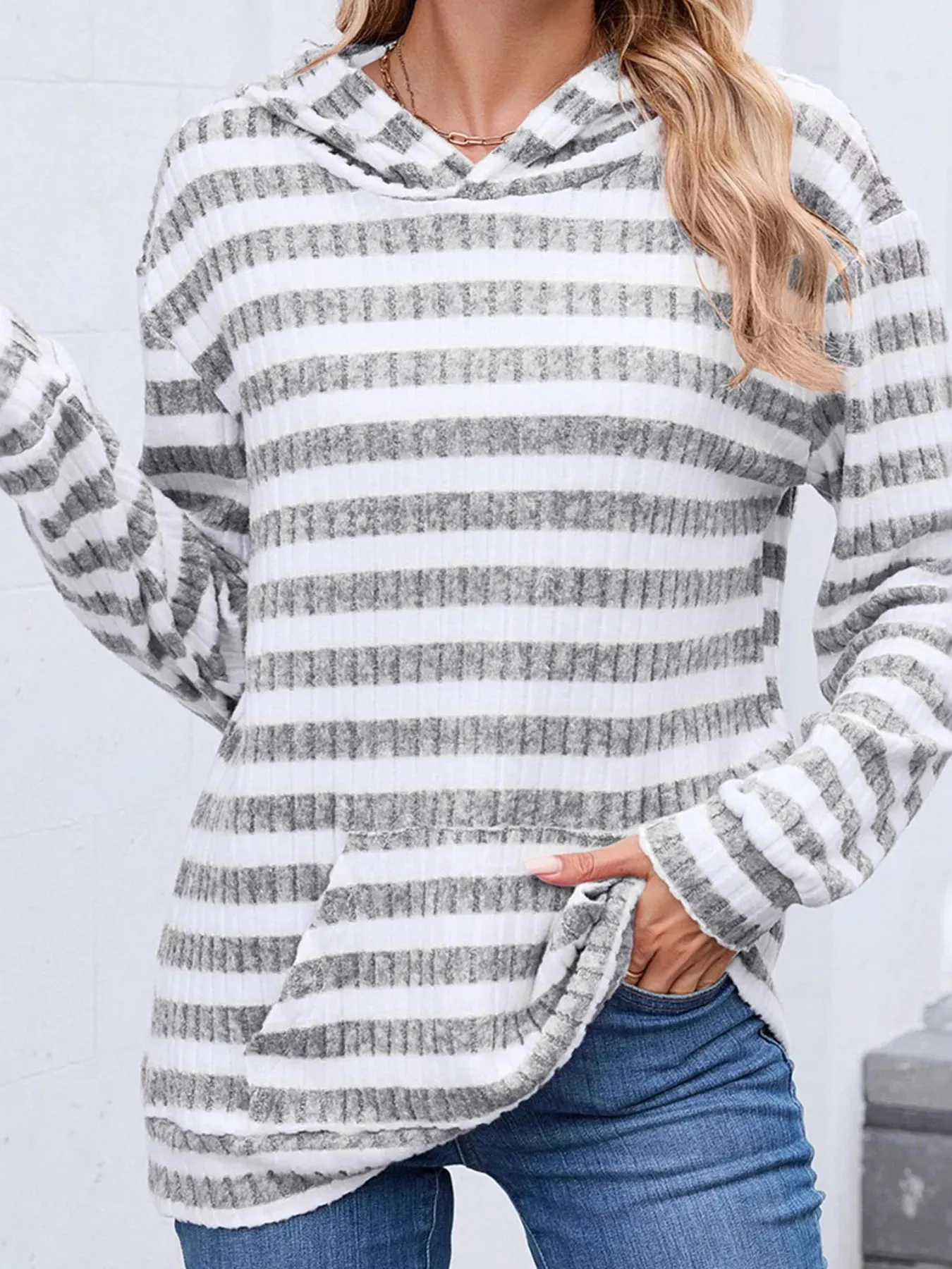 Striped Ribbed Knit Hoodie with Kangaroo Pocket sold by Charming Charlie
