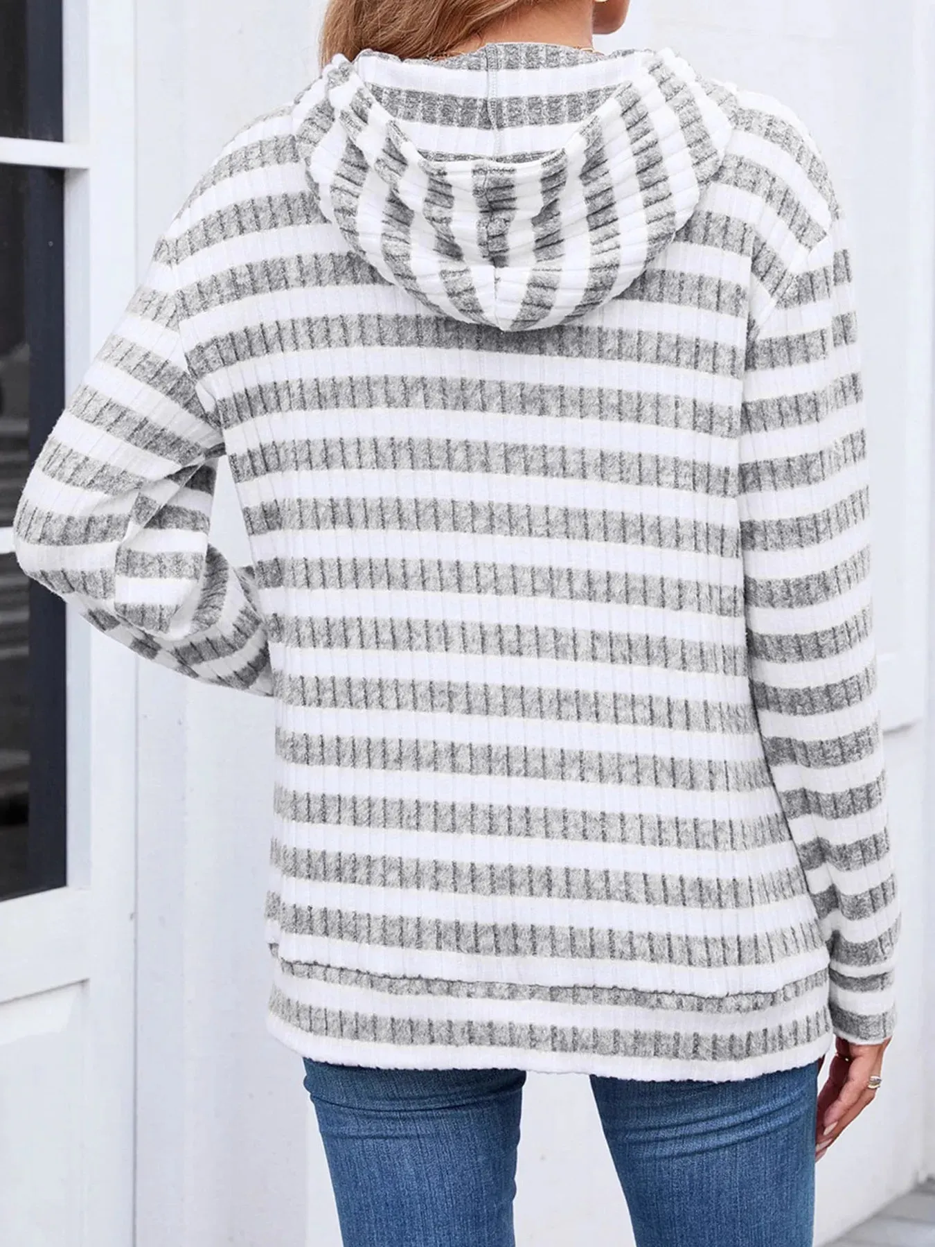 Striped Ribbed Knit Hoodie with Kangaroo Pocket sold by Charming Charlie product image thumbnail 3