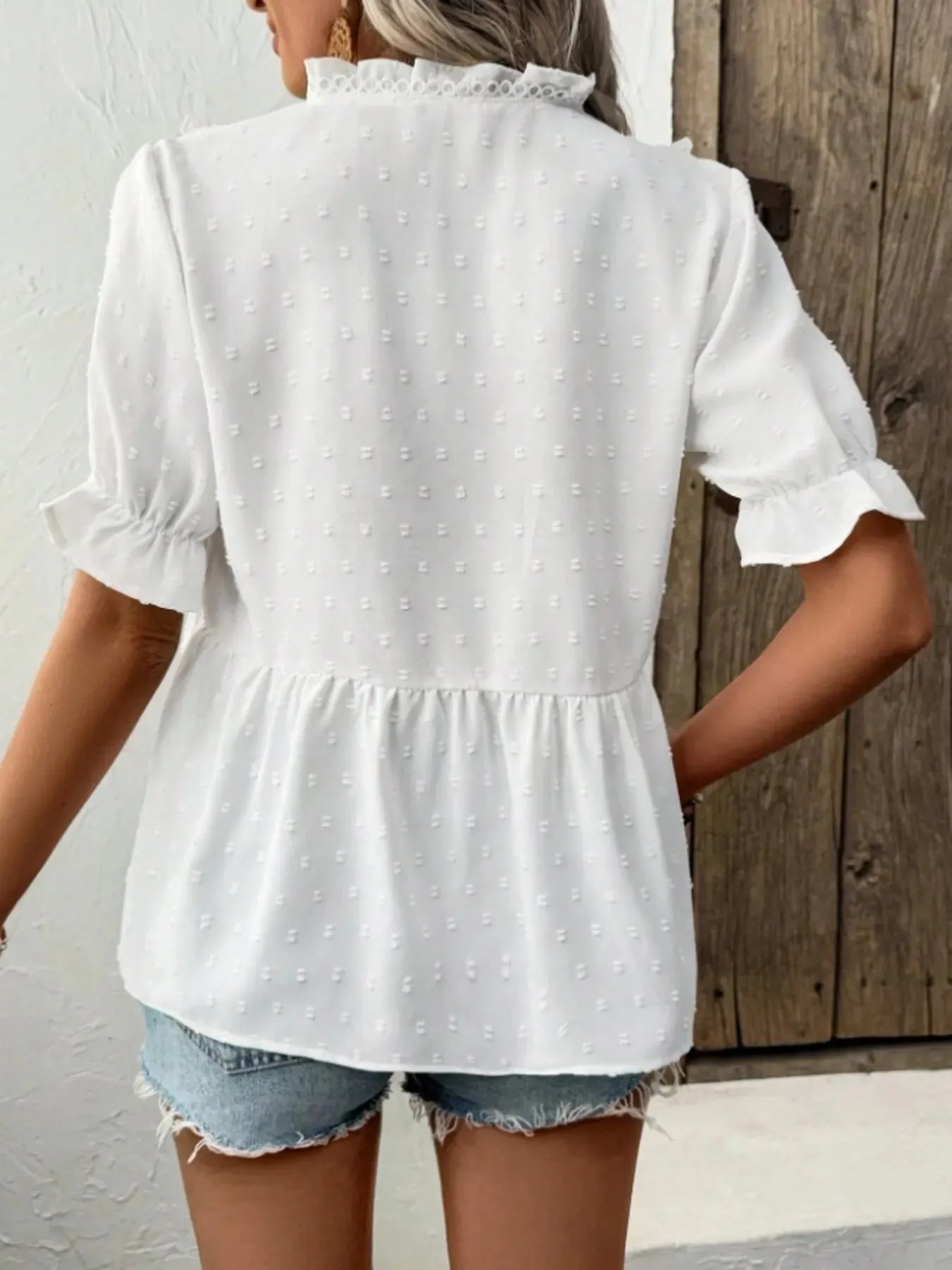 Swiss Dot Ruffled V-Neck Blouse with Flounce Sleeves sold by Charming Charlie product image thumbnail 3