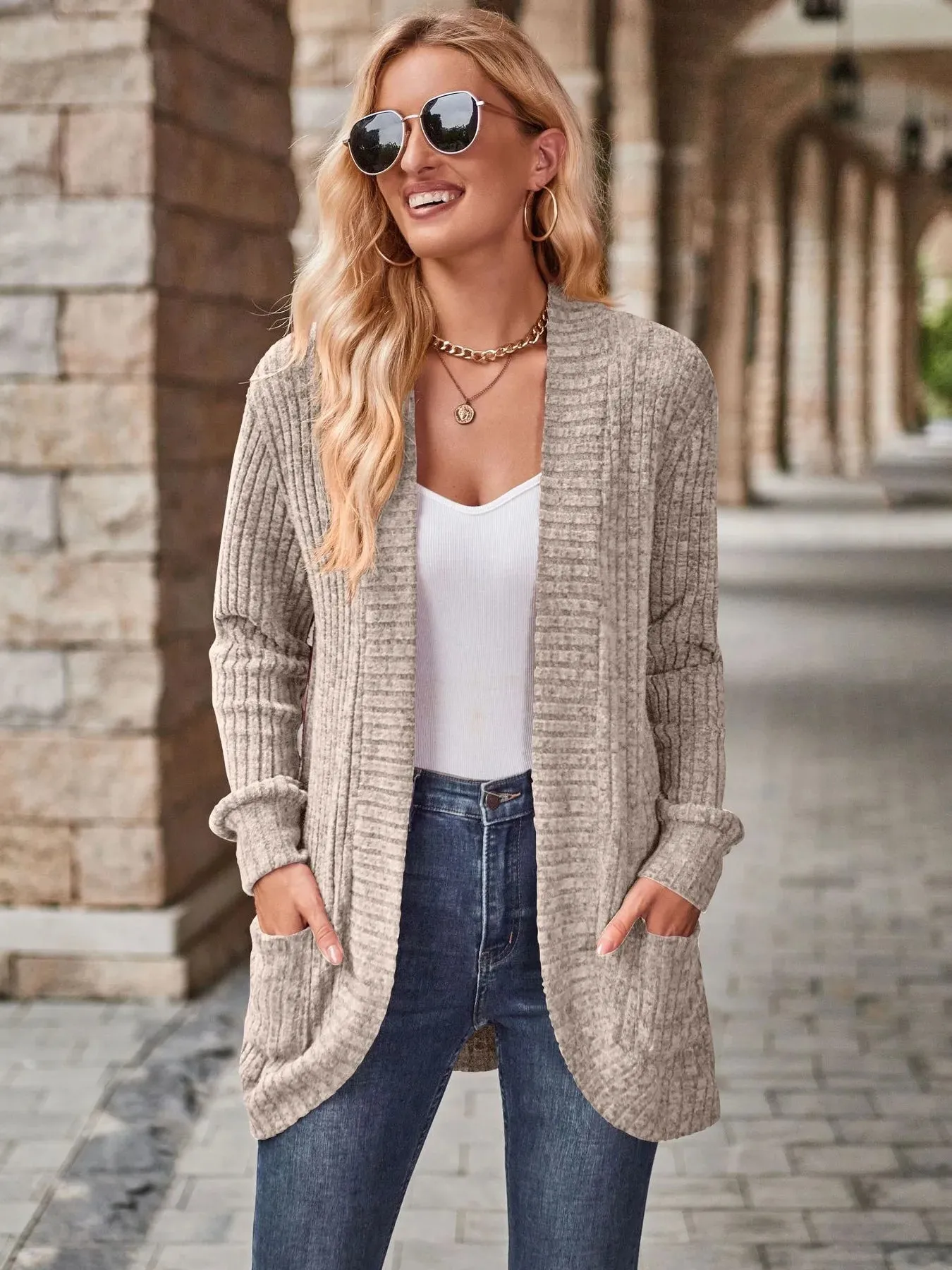 Ribbed Open Front Long Cardigan with Pockets sold by Charming Charlie product image thumbnail 5