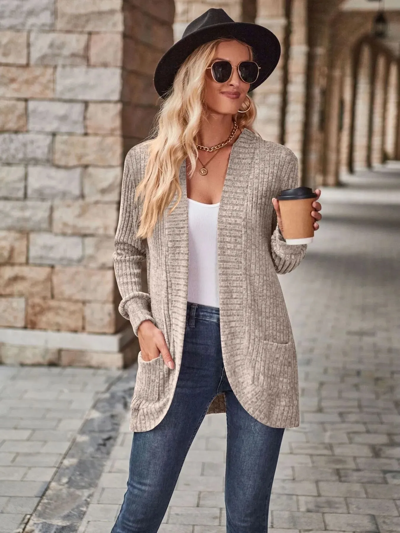 Ribbed Open Front Long Cardigan with Pockets sold by Charming Charlie product image thumbnail 3