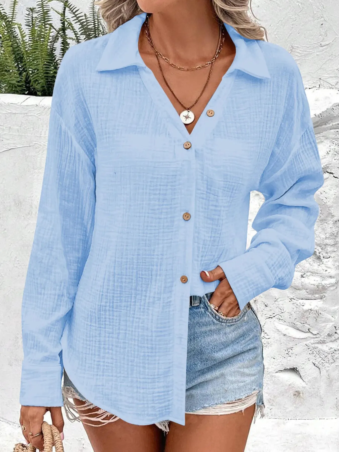 Texture Button Down Side Slit Long Sleeve Shirt sold by Charming Charlie product image thumbnail 2