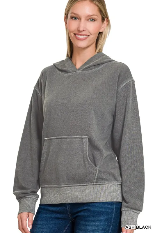Zenana Fleece Pigment Dye Kangaroo Pocket Hoodie sold by Charming Charlie