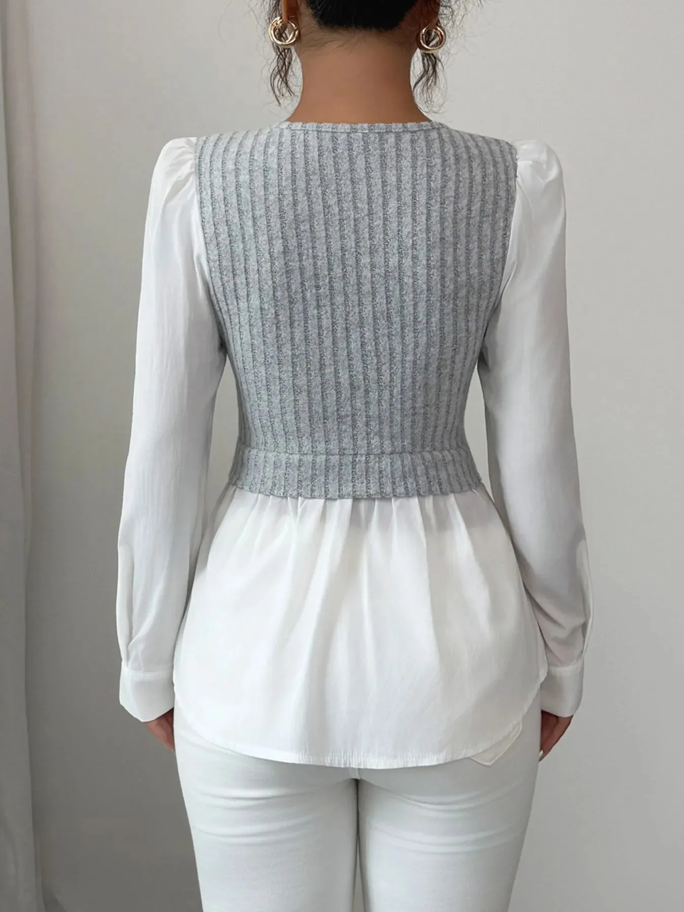 Ribbed Knit Splicing Contrast Long Sleeve Blouse sold by Charming Charlie product image thumbnail 3