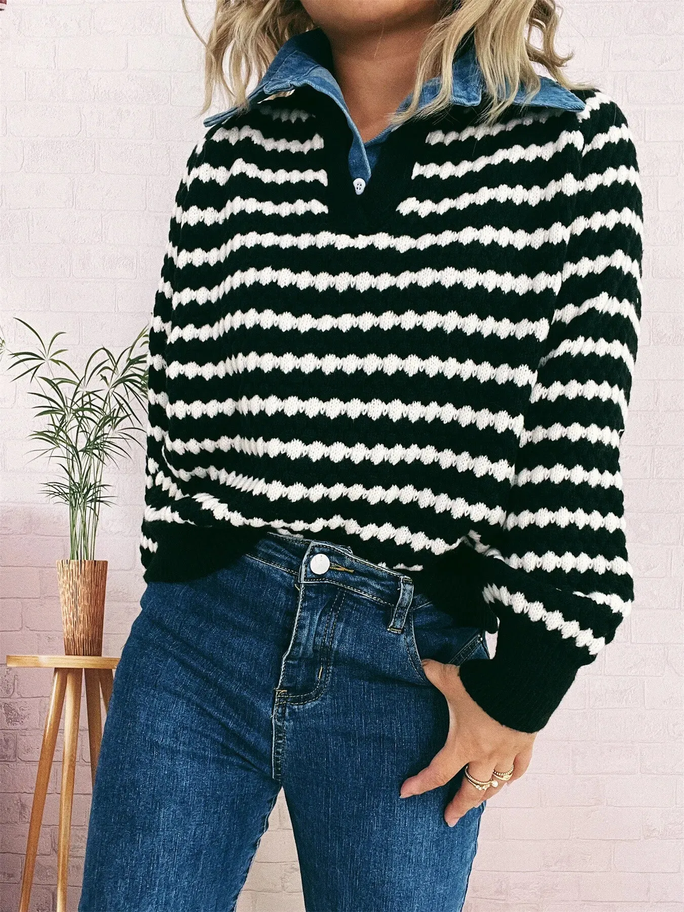 Contrast Striped Sweater with Denim Collar sold by Charming Charlie product image thumbnail 4