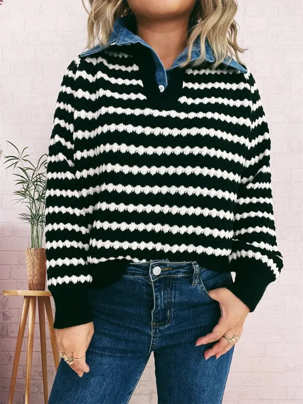 Contrast Striped Sweater with Denim Collar sold by Charming Charlie