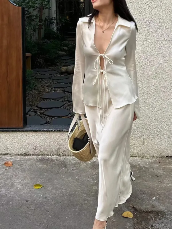 Satin Tie-Front Long Sleeve Shirt sold by Charming Charlie