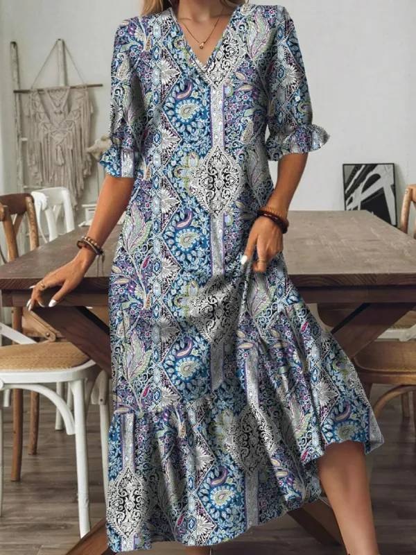 Full Size Bohemian Paisley Print V-Neck Midi Dress Plus Size sold by Charming Charlie