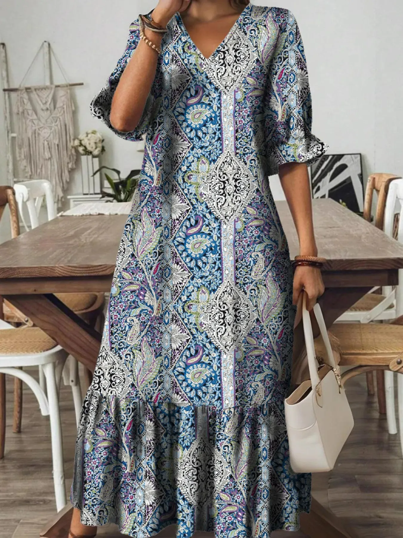 Full Size Bohemian Paisley Print V-Neck Midi Dress Plus Size sold by Charming Charlie product image thumbnail 2