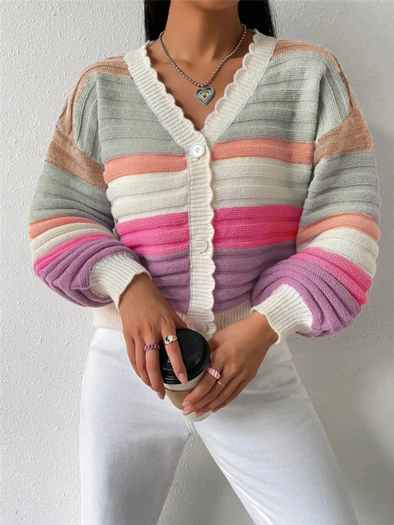 Rainbow Striped Cropped Cardigan with Balloon Sleeves sold by Charming Charlie product image thumbnail 4