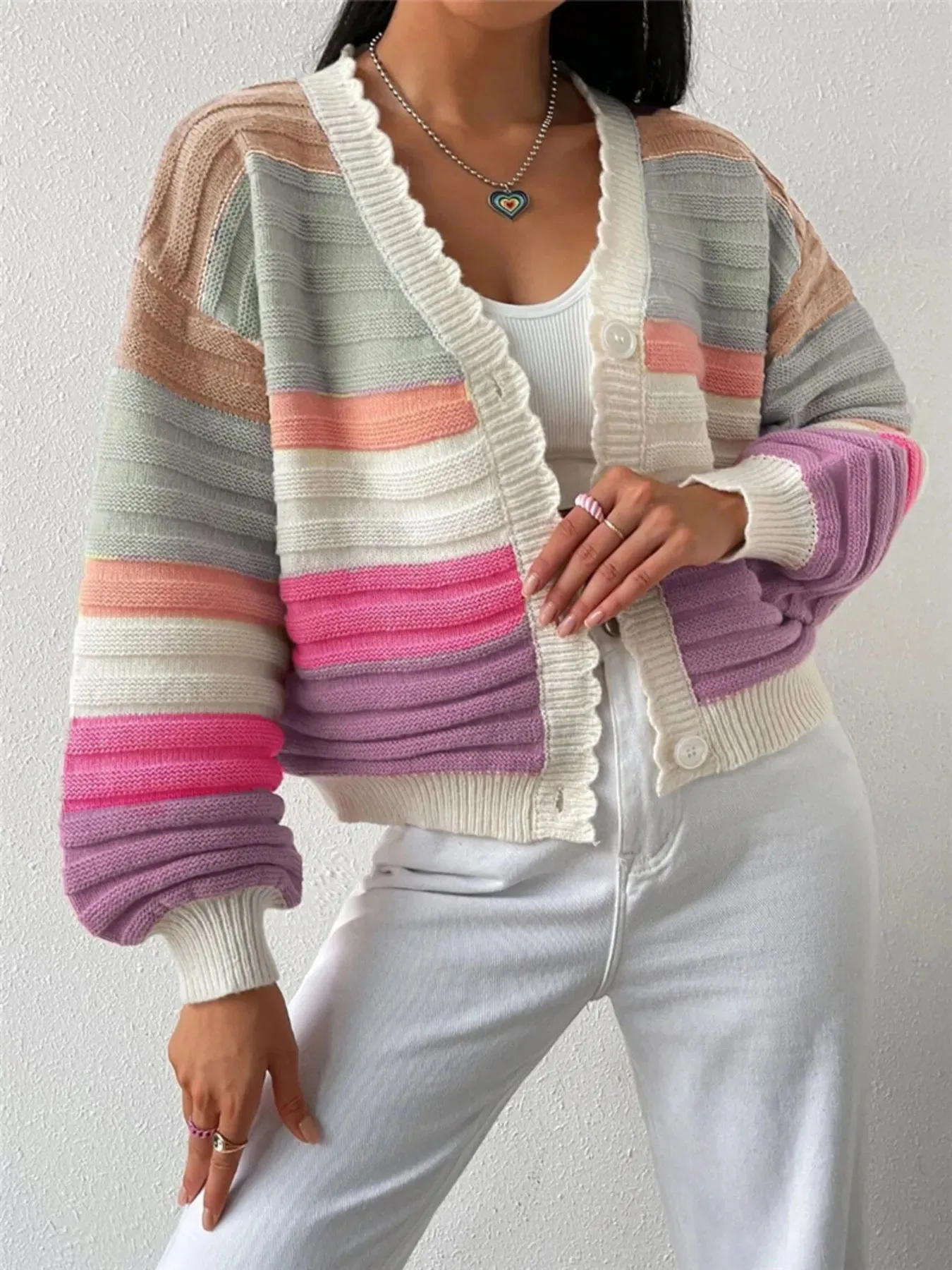 Rainbow Striped Cropped Cardigan with Balloon Sleeves sold by Charming Charlie