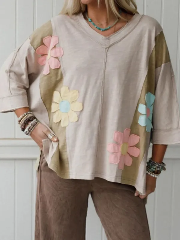 Floral Patch Color Block V-Neck T-Shirt sold by Charming Charlie