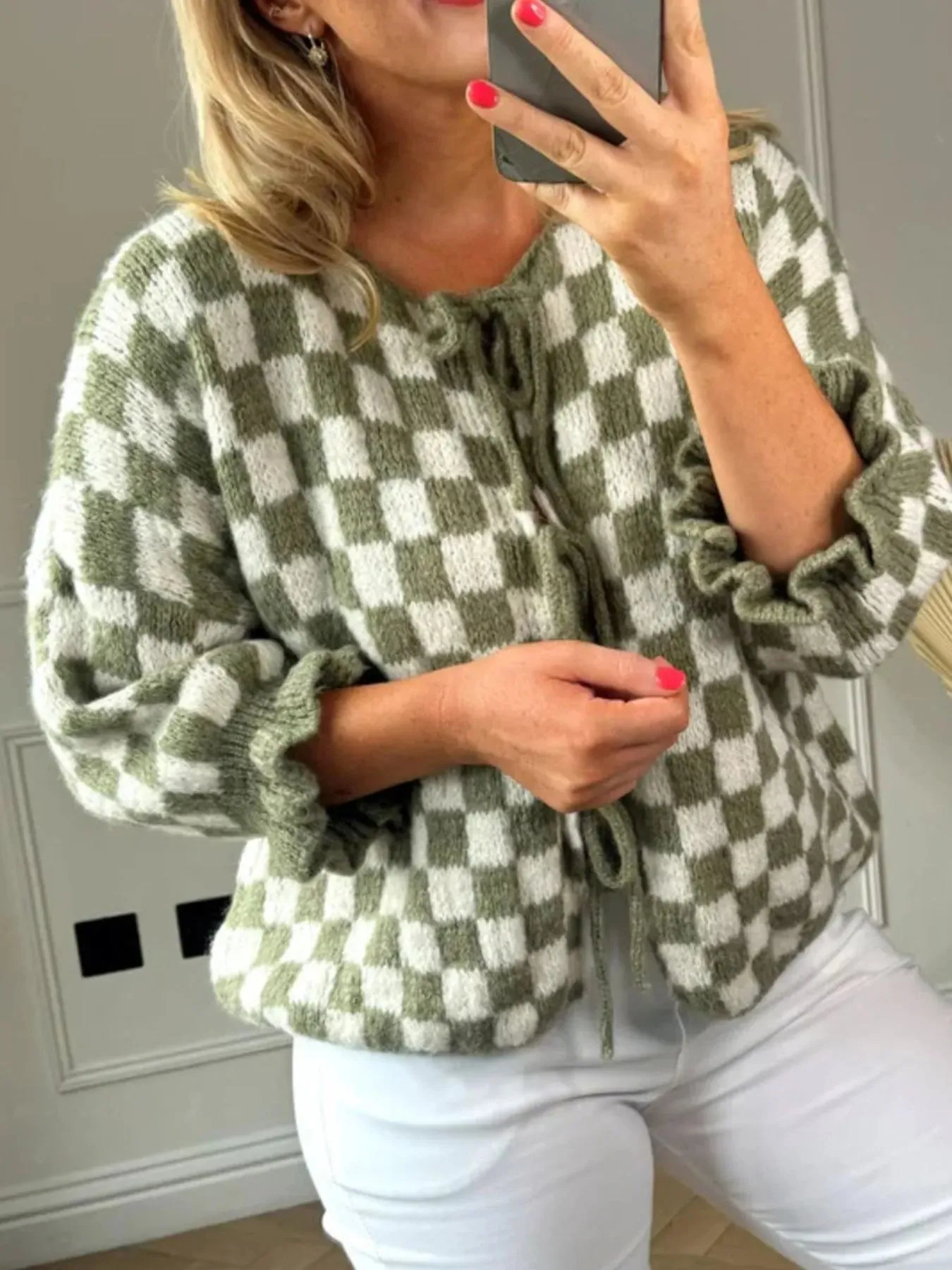 Checkered Tie-Front Knit Cardigan sold by Charming Charlie product image thumbnail 5