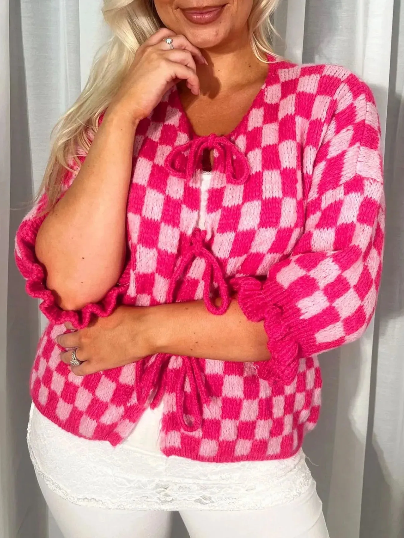 Checkered Tie-Front Knit Cardigan sold by Charming Charlie product image thumbnail 2