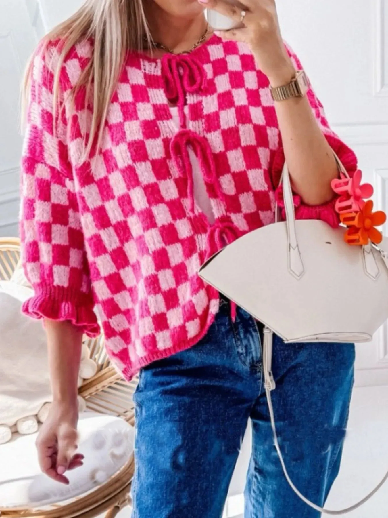 Checkered Tie-Front Knit Cardigan sold by Charming Charlie product image thumbnail 4