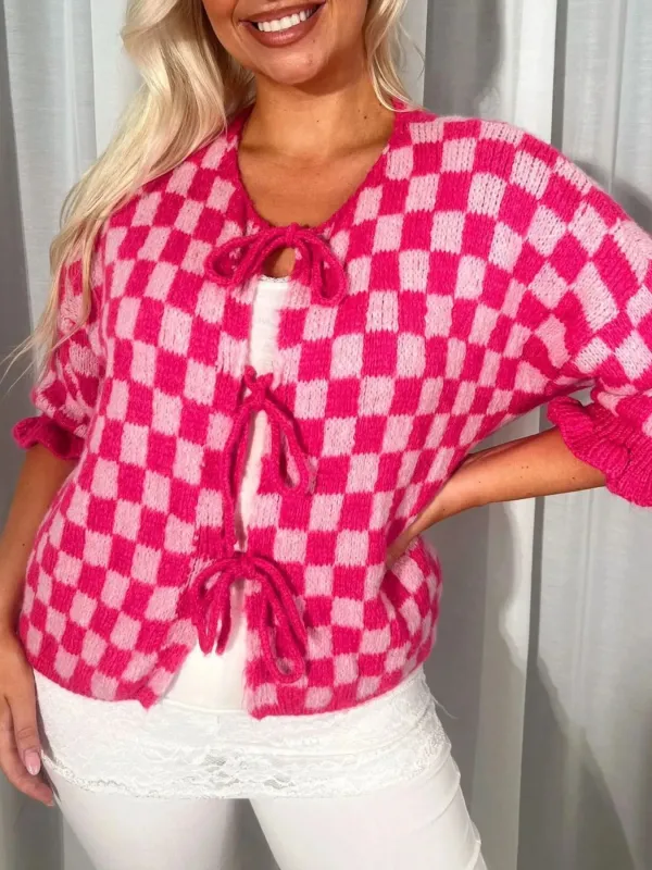 Checkered Tie-Front Knit Cardigan sold by Charming Charlie