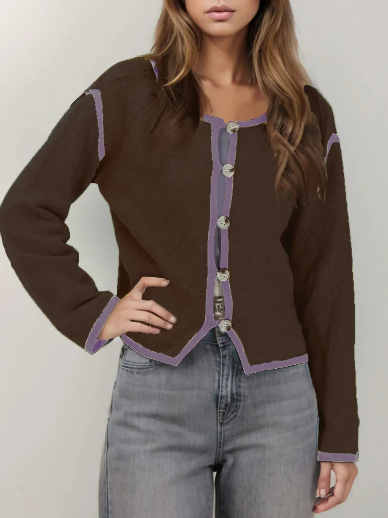 Button-Front Cardigan with Contrast Trim sold by Charming Charlie product image thumbnail 4