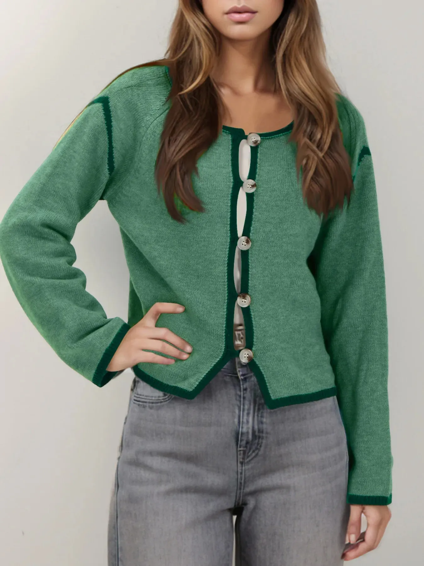 Button-Front Cardigan with Contrast Trim sold by Charming Charlie