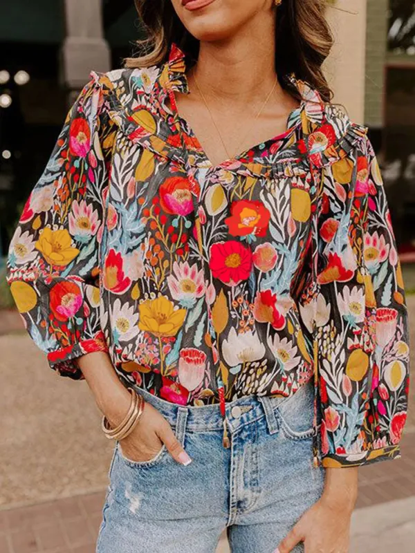 Floral 3/4 Puff Sleeve Tied Neck Blouse sold by Charming Charlie