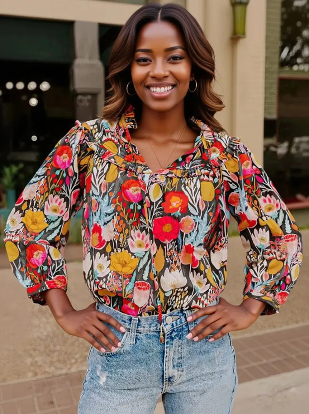 Floral 3/4 Puff Sleeve Tied Neck Blouse sold by Charming Charlie product image thumbnail 2