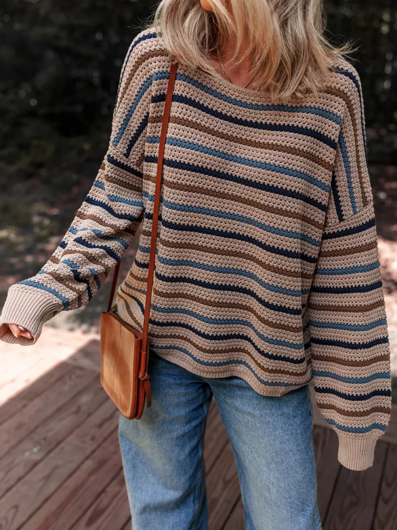 Multicolour Striped Knitted Drop Shoulder Round Neck Sweater sold by Charming Charlie product image thumbnail 3
