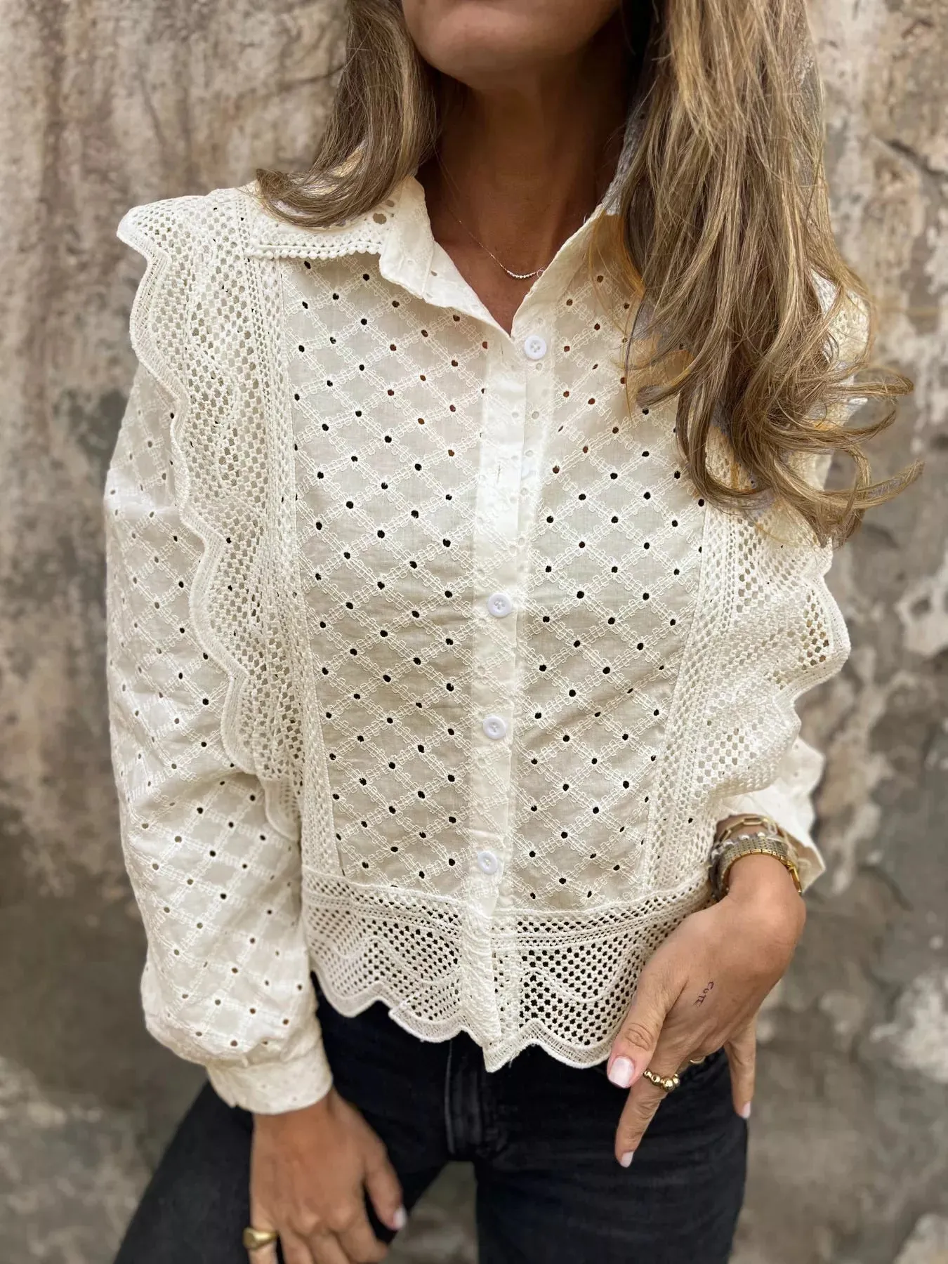 Eyelet Button-Up Shirt with Scalloped Hem sold by Charming Charlie product image thumbnail 5