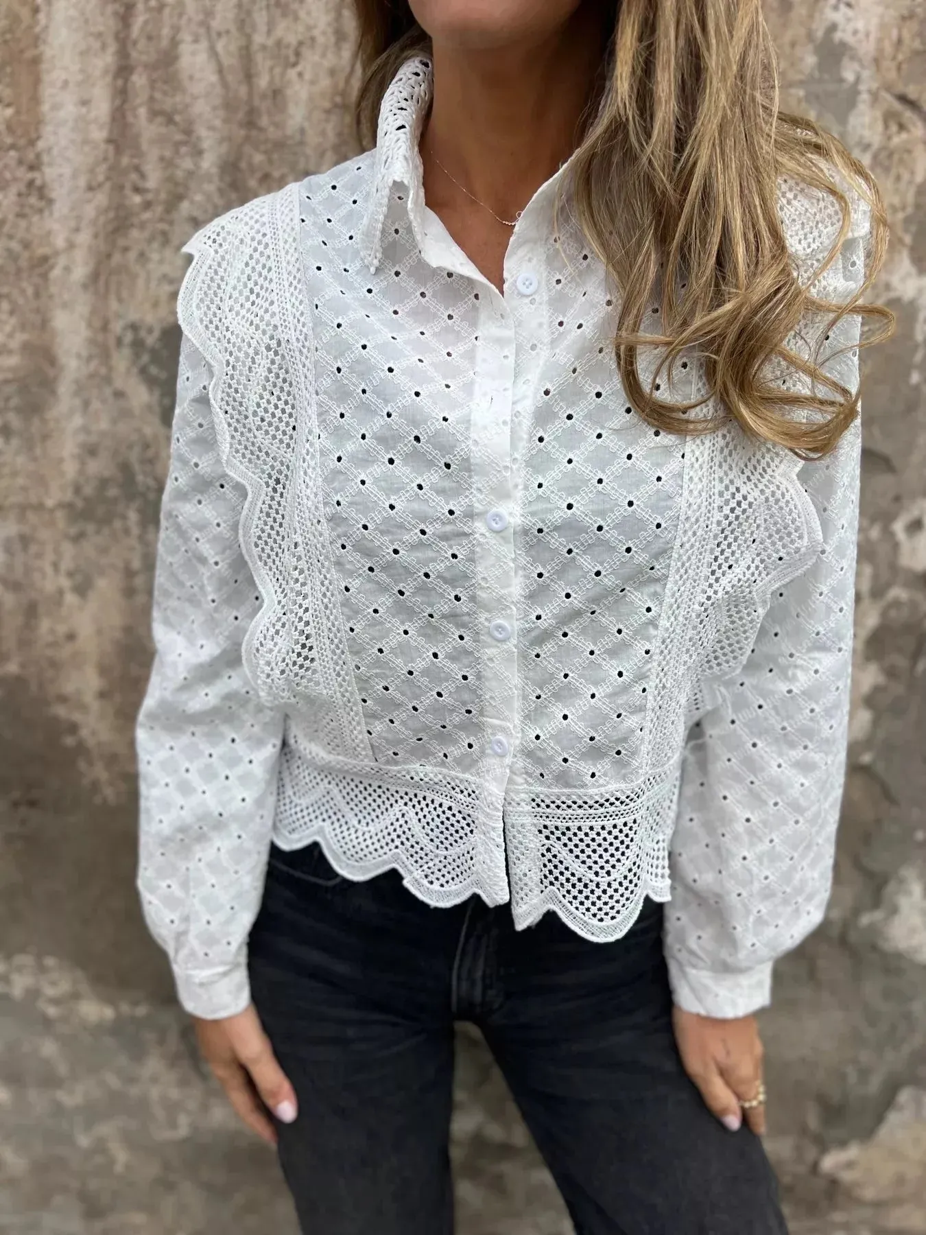 Eyelet Button-Up Shirt with Scalloped Hem sold by Charming Charlie product image thumbnail 2