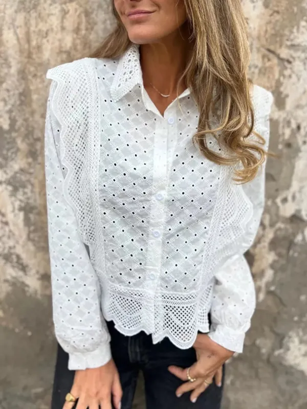 Eyelet Button-Up Shirt with Scalloped Hem sold by Charming Charlie