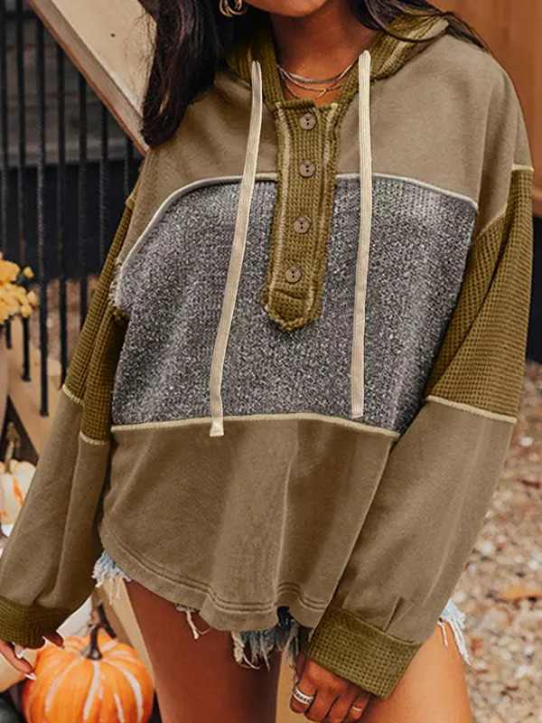 Mixed Texture Patchwork Exposed Seam Half Button Hoodie sold by Charming Charlie