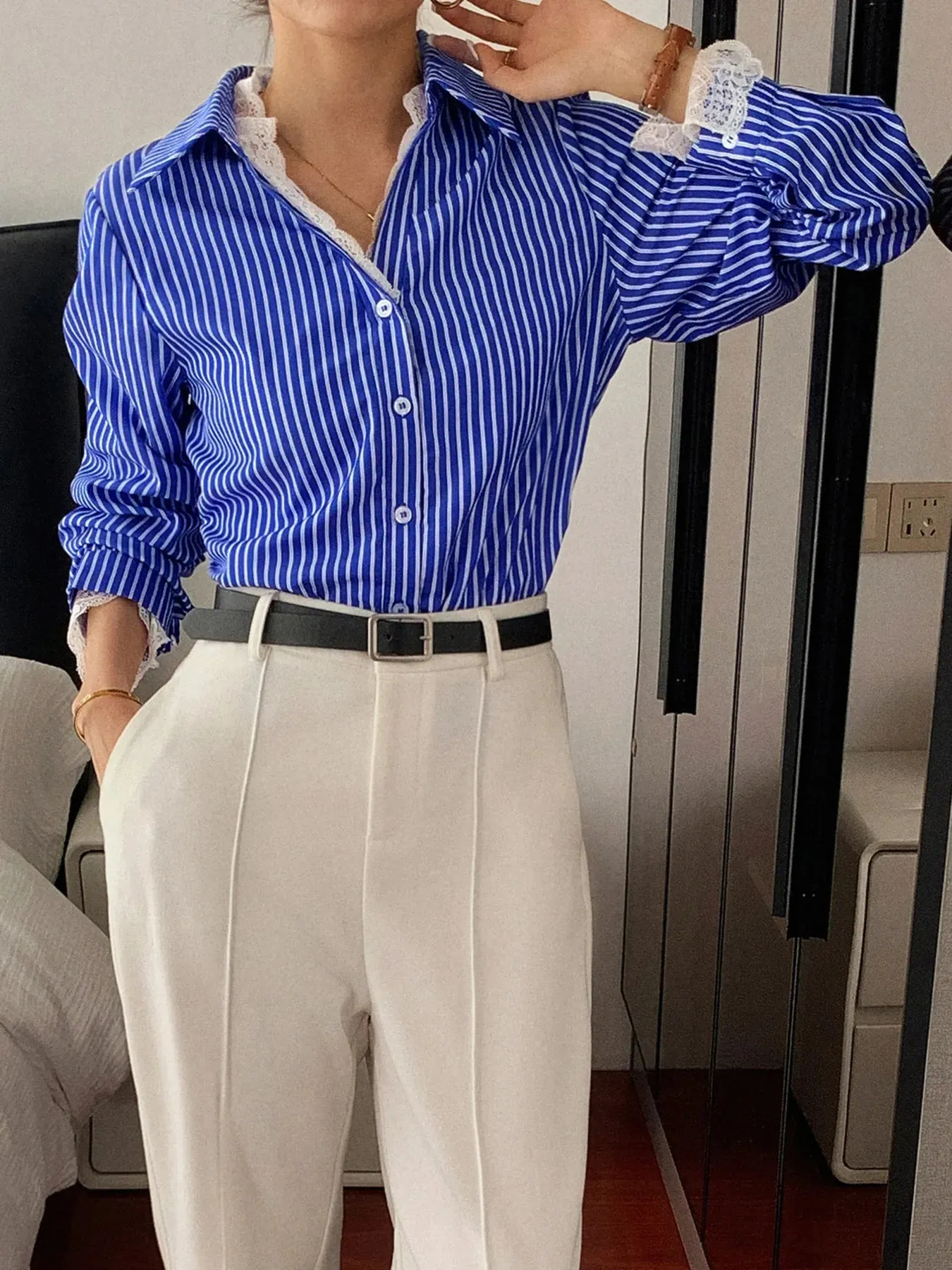 Striped Button-Down Shirt with Lace Detail sold by Charming Charlie product image thumbnail 3