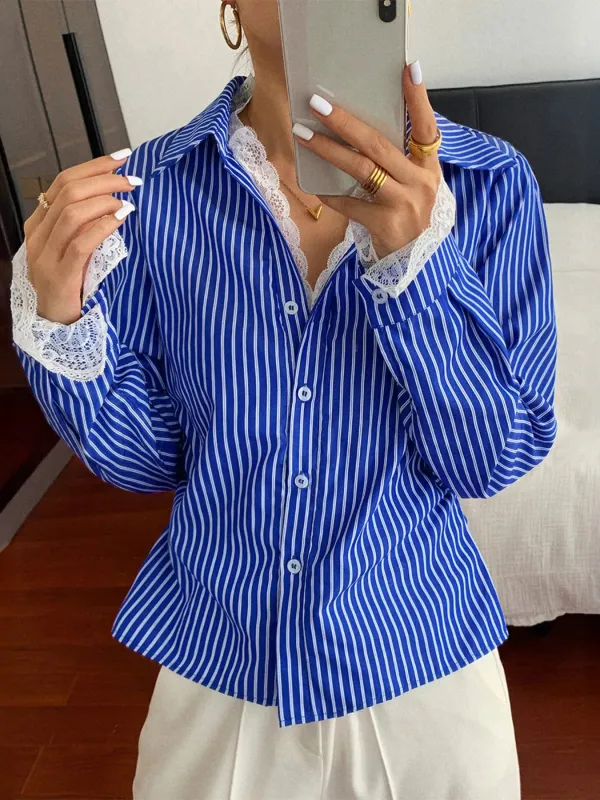 Striped Button-Down Shirt with Lace Detail sold by Charming Charlie