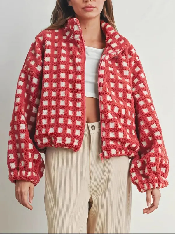 Fleece Checkered Puff Sleeve Bomber Jacket sold by Charming Charlie