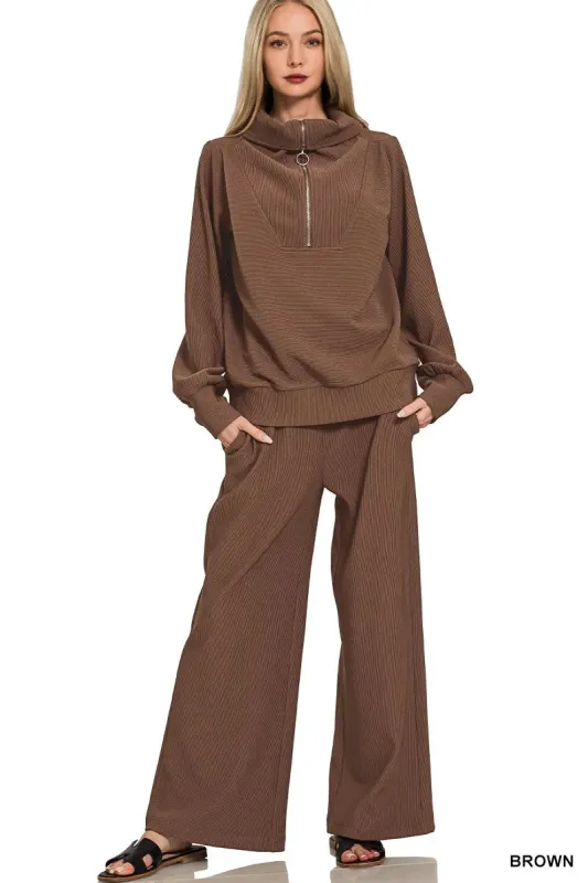 Zenana Ribbed High Neck Half Zip Pullover & Pants Set sold by Charming Charlie