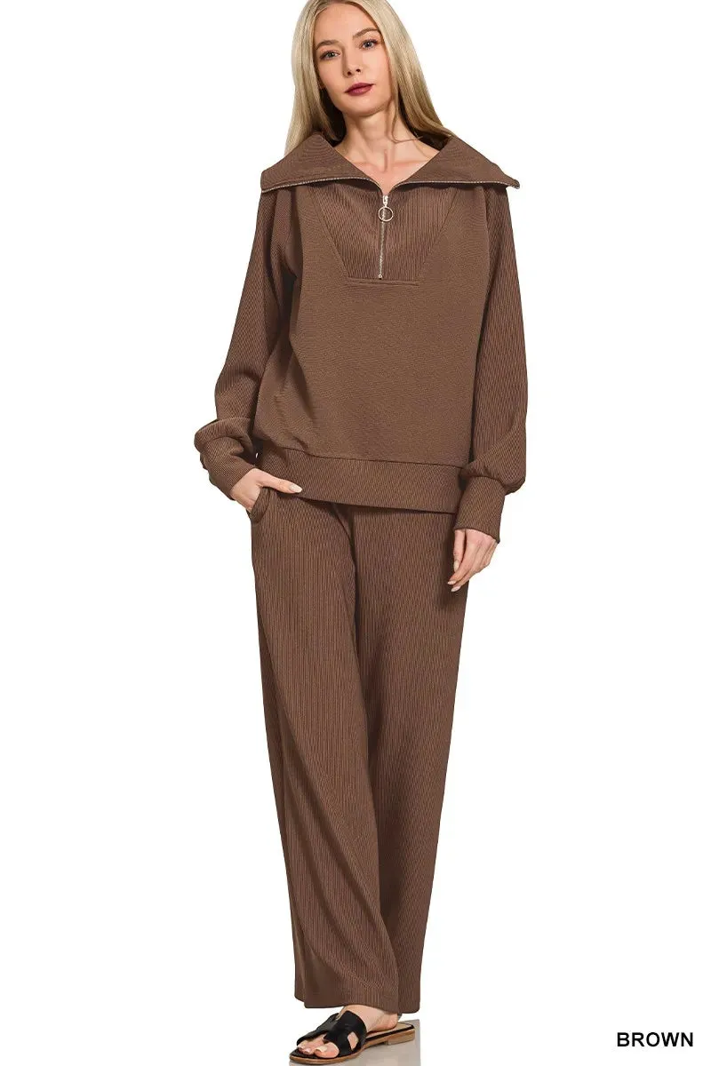 Zenana Ribbed High Neck Half Zip Pullover & Pants Set sold by Charming Charlie product image thumbnail 2