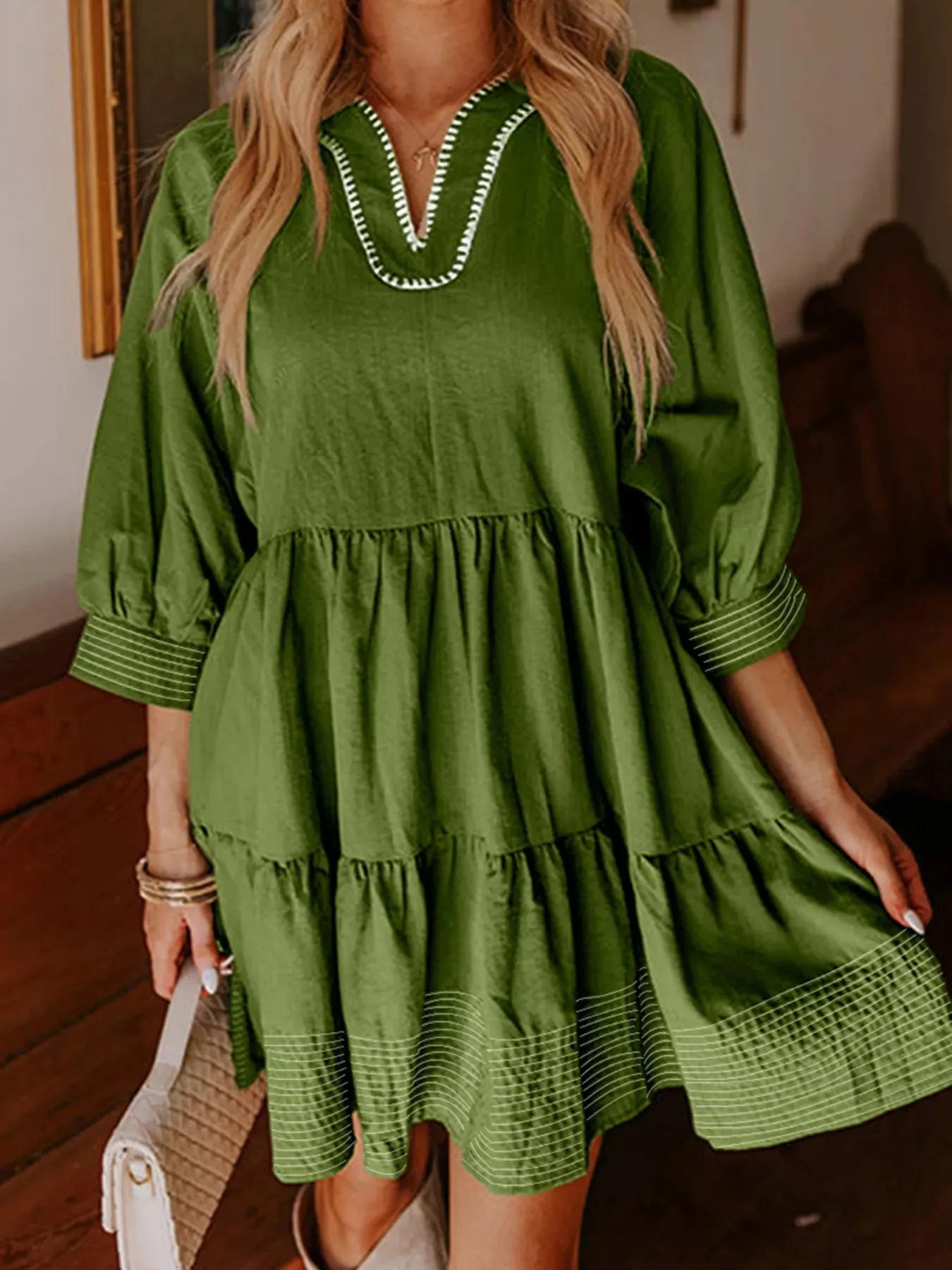 Striped Hem 3/4 Sleeve Tiered Dress sold by Charming Charlie